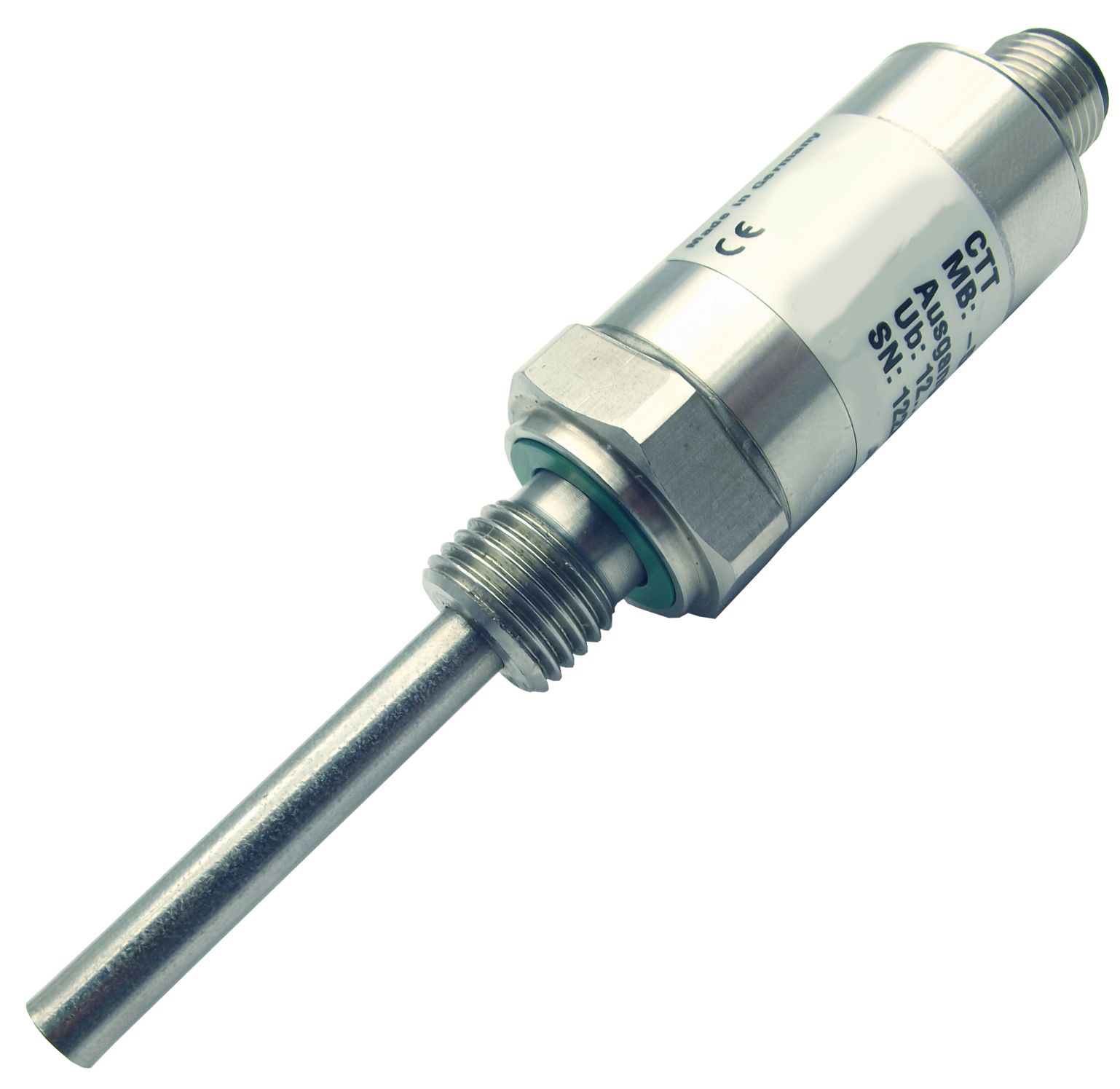 Ein Temperatursensor aus Edelstahl mit einer langen Sonde und einem zylindrischen Körper.