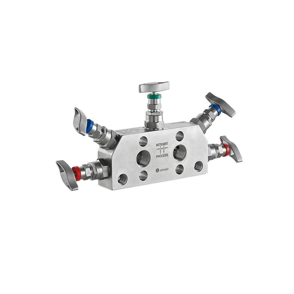 Ein Mehrventilverteiler aus Edelstahl mit fünf Ventilen, jedes mit einem Griff und einer farbigen Anzeige (rot, blau, grün) zur Druckregelung.