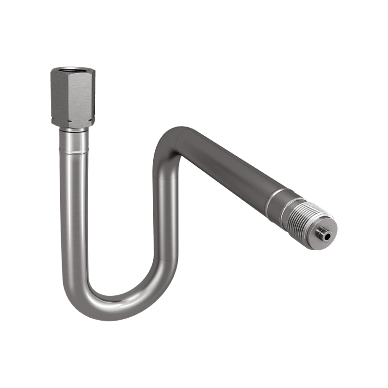 Ein gebogenes Metallrohr mit einem Anschlussstück oben und einer Düse am Ende, wahrscheinlich zum Aufpumpen eines Reifens.