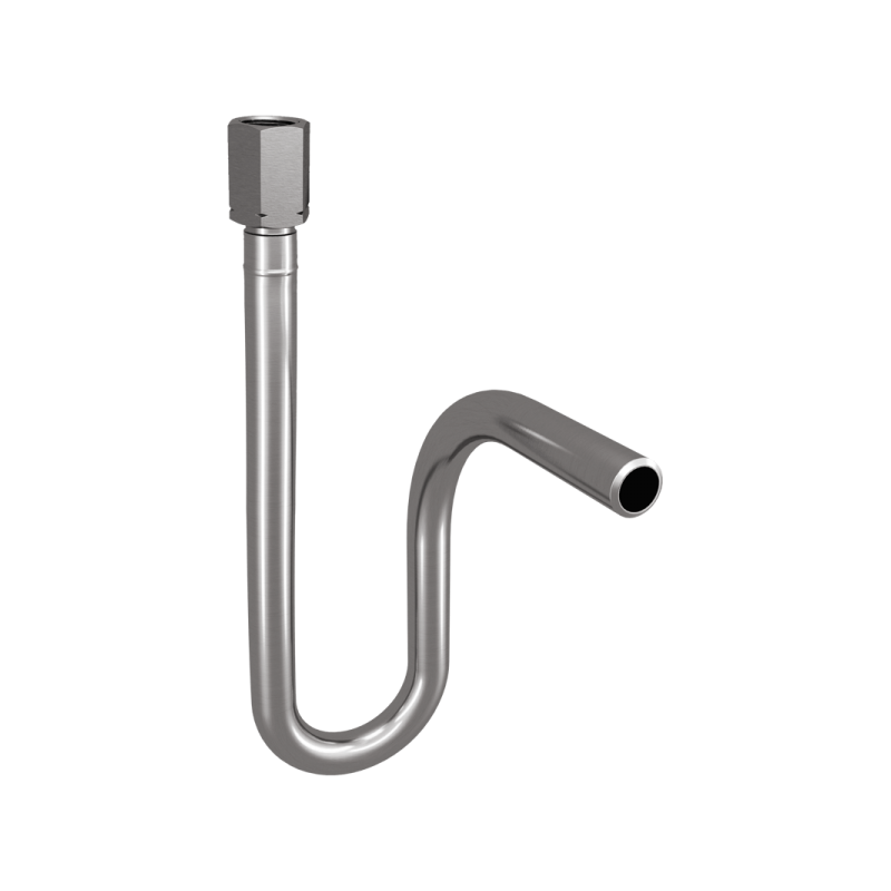 Ein in S-Form gebogenes Metallrohr mit einer Mutter oben und einem offenen Ende rechts.