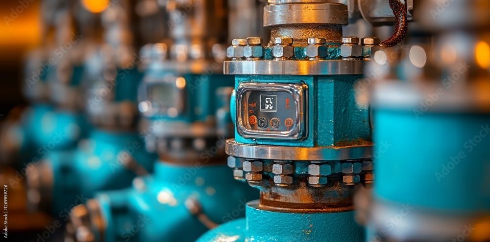 Nahaufnahme von türkisfarbenen Industrieventilen mit metallischen Komponenten und Messgeräten, wahrscheinlich in einer Fabrik oder einem Industrieumfeld.