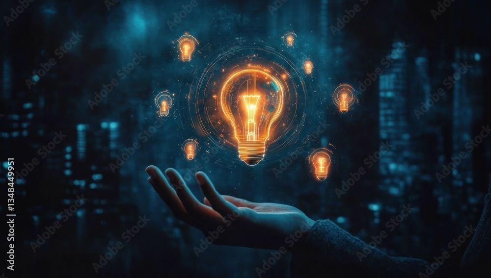 Hand hält leuchtende Glühbirnen, eine große im Mittelpunkt. Dunkler Stadtbildhintergrund.