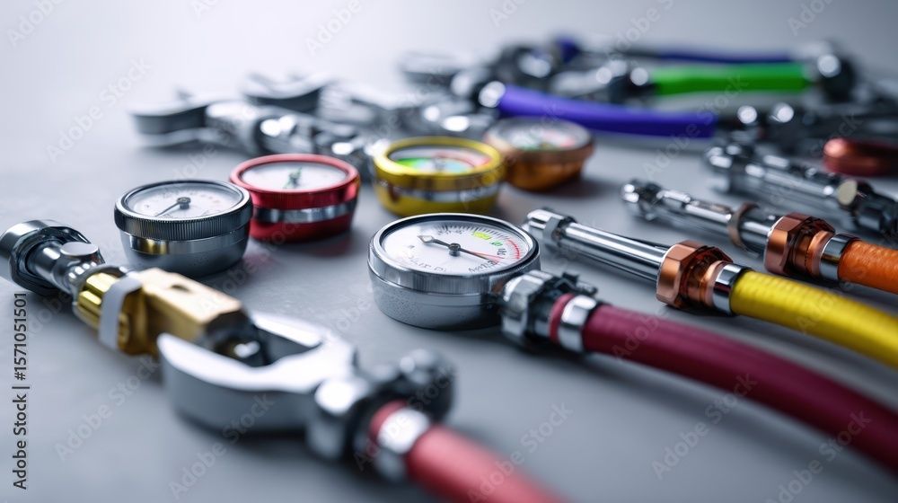 Nahaufnahme verschiedener Luftdruckmessgeräte mit bunten Schläuchen und Metallverbindern, die auf einer hellen Oberfläche liegen.