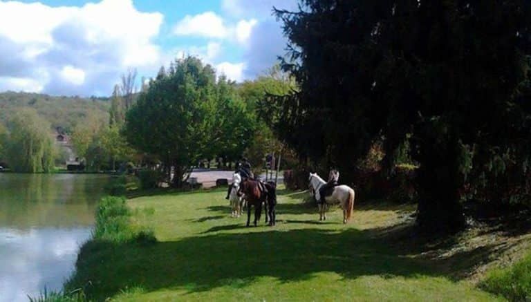 Des personnes à cheval au bord d'un lac dans un parc ensoleillé, avec des arbres et une rive herbeuse.