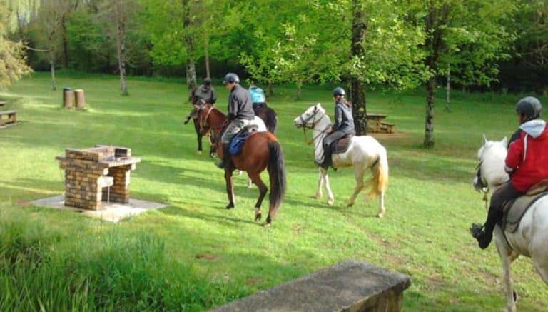 Des cavaliers traversent un parc herbeux près d'obstacles en bois et d'arbres.