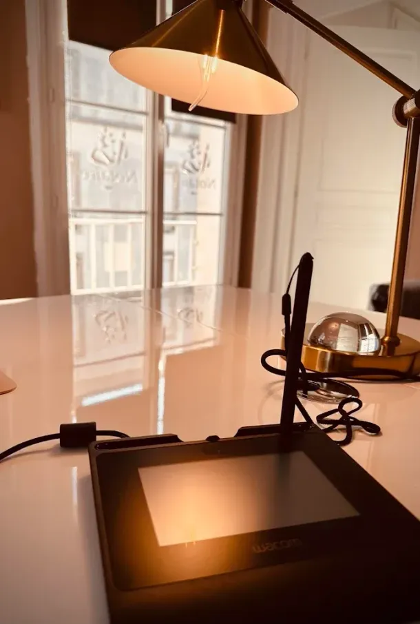 Une tablette graphique Wacom avec stylet repose sur une table blanche sous une lampe de bureau aux tons dorés et chauds, près d'une fenêtre lumineuse.