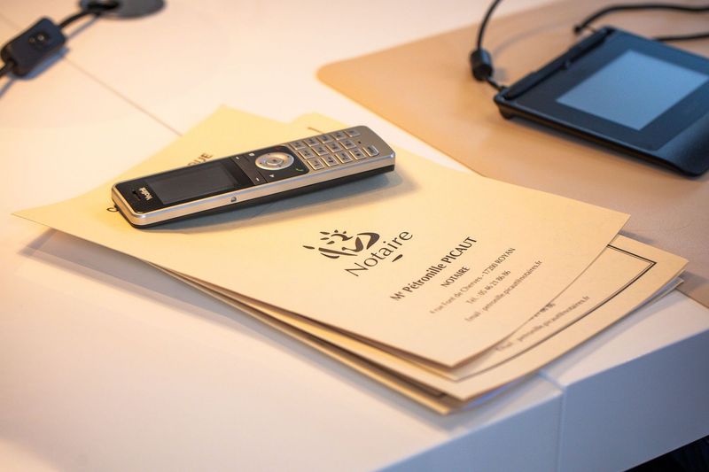 Des mains manipulent une tablette posée sur un bureau en bois, avec des papiers, un ordinateur portable et une tasse à proximité.
