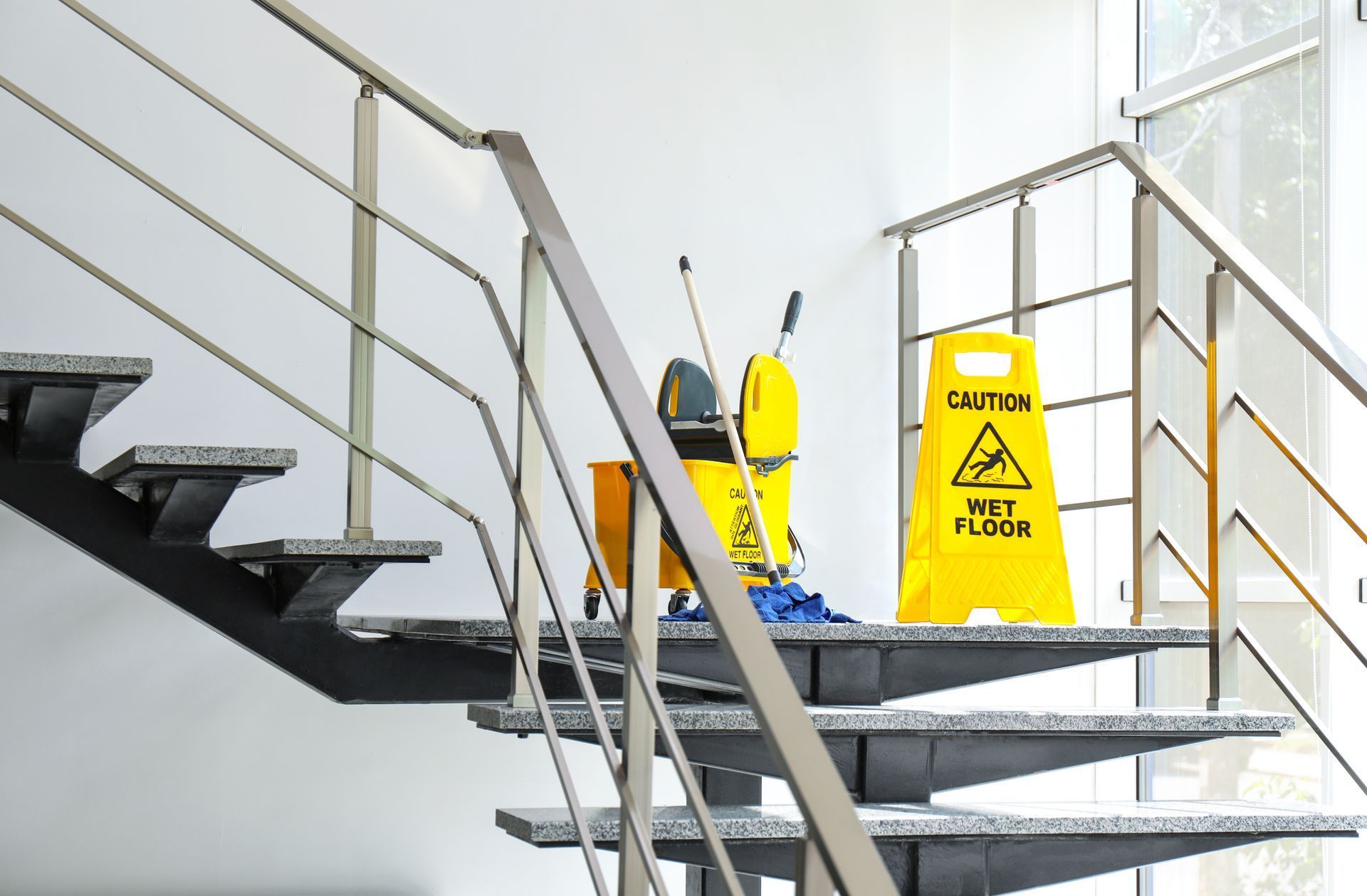 Palier d’escalier avec un panneau jaune de signalisation et un seau à serpillière, indiquant que le sol est mouillé.