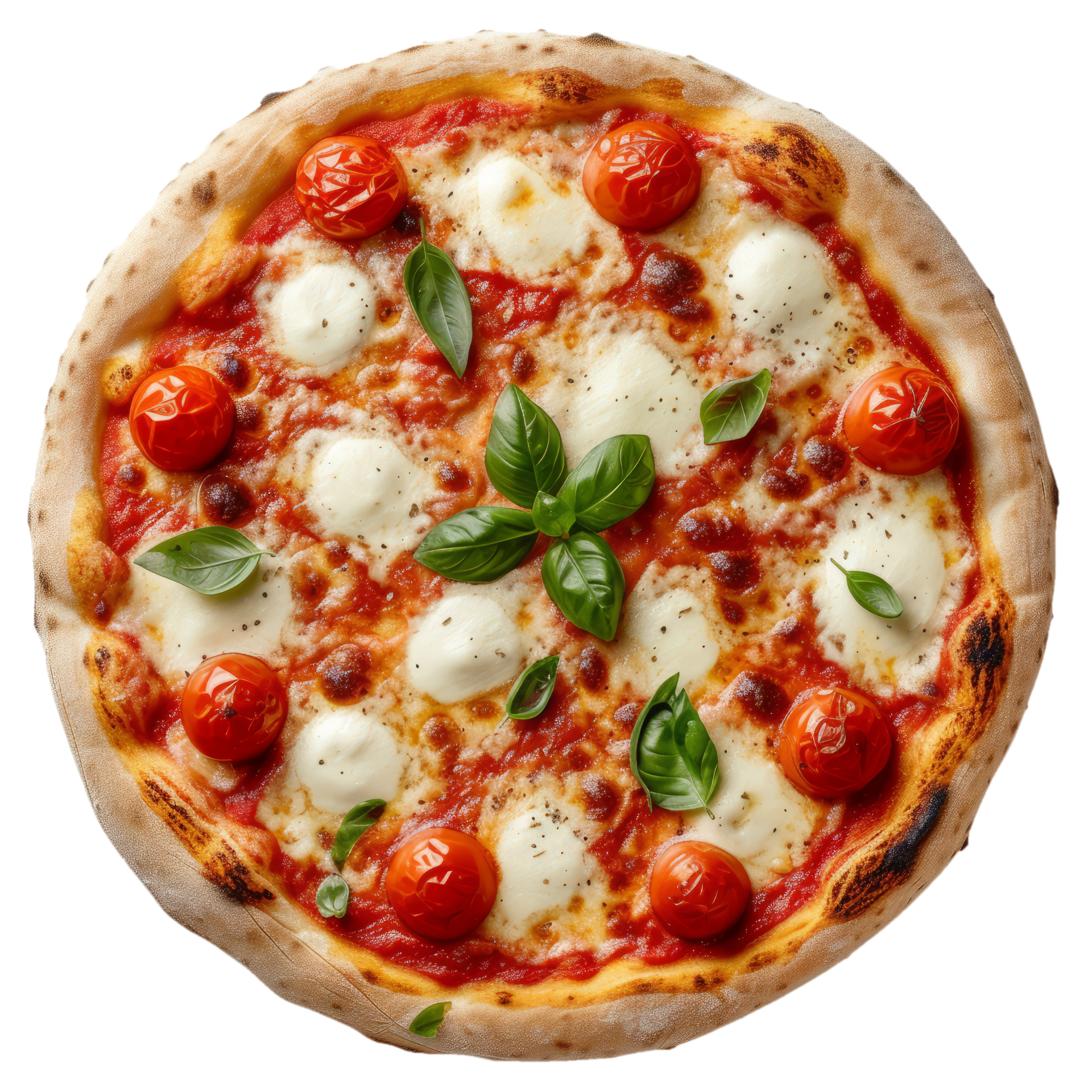 Pizza Margherita avec tomates cerises, mozzarella, basilic et sauce tomate sur fond blanc