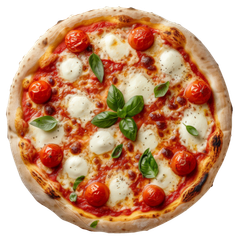 Pizza Margherita avec tomates cerises, mozzarella, basilic et sauce tomate sur fond blanc