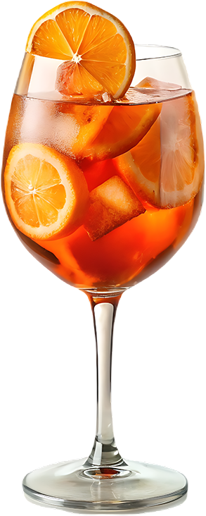 Verre à pied de cocktail à l'orange avec glaçons et tranches d'orange sur fond blanc