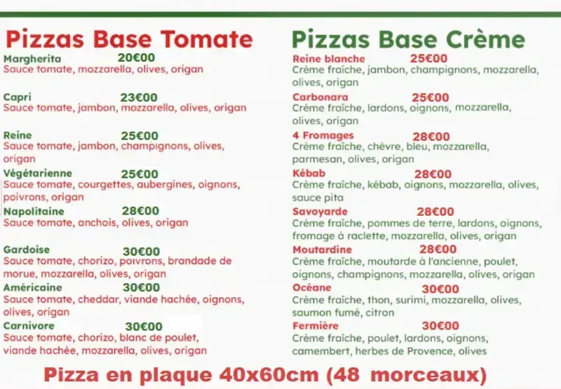 Tableau des prix des pâtes à pizza et des garnitures, avec texte rouge et vert sur fond blanc et prix en euros
