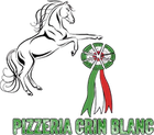Logo d'un cheval blanc &agrave; c&ocirc;t&eacute; d'une roue &agrave; pizza verte, blanche et rouge avec le texte &laquo;Pizzeria Crin Blanc&raquo;.