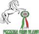 Logo d'un cheval blanc &agrave; c&ocirc;t&eacute; d'une roue &agrave; pizza verte, blanche et rouge avec le texte &laquo;Pizzeria Crin Blanc&raquo;.