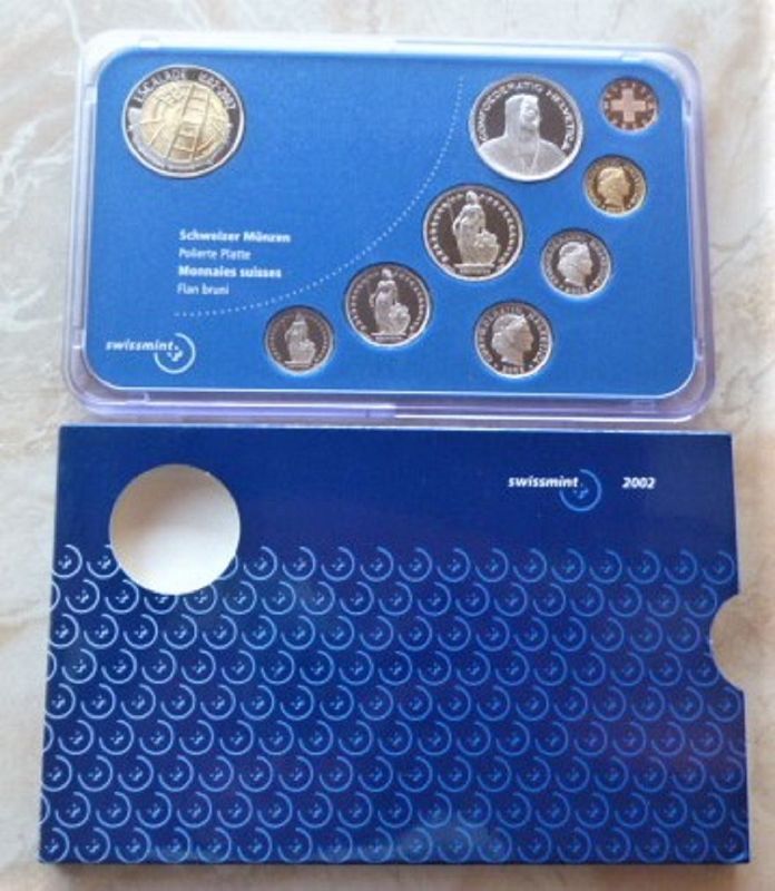 Münzsatz der Schweizer Münze in einem blauen Etui mit passender blauer Hülle. Mehrere Goldmünzen sind sichtbar.