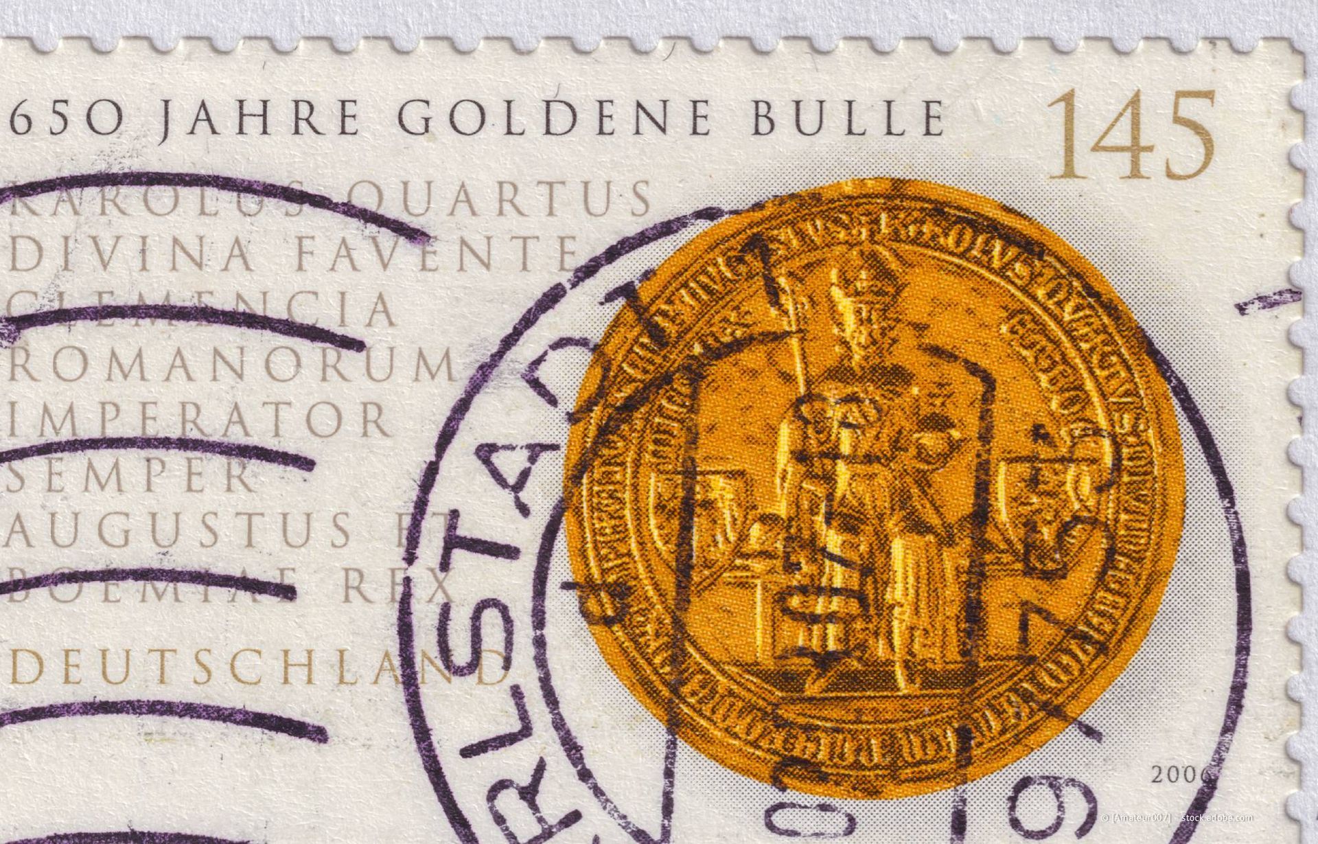 Briefmarke zum 650. Jahrestag des Goldenen Stiers, mit einer Goldmünze und deutschem Text.