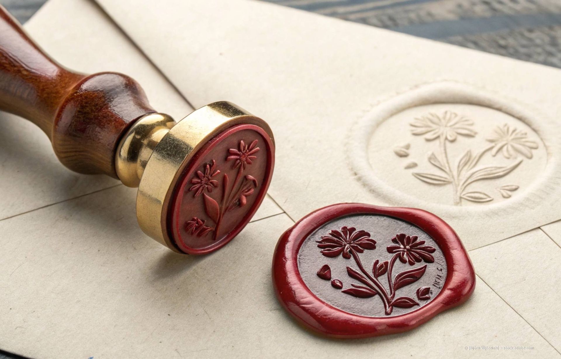 Wachssiegelstempel auf einem Umschlag mit floralem Muster und zwei Siegeln.