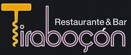 Logotipo para Tiraboçon Restaurante & Bar. Gráfico de sacacorchos en amarillo junto a texto en morado sobre fondo negro.