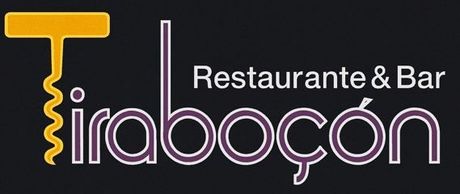 Logotipo para Tiraboçon Restaurante & Bar. Gráfico de sacacorchos en amarillo junto a texto en morado sobre fondo negro.