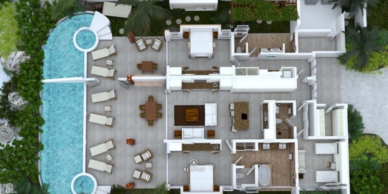 an aerial view of a house with a swimming pool