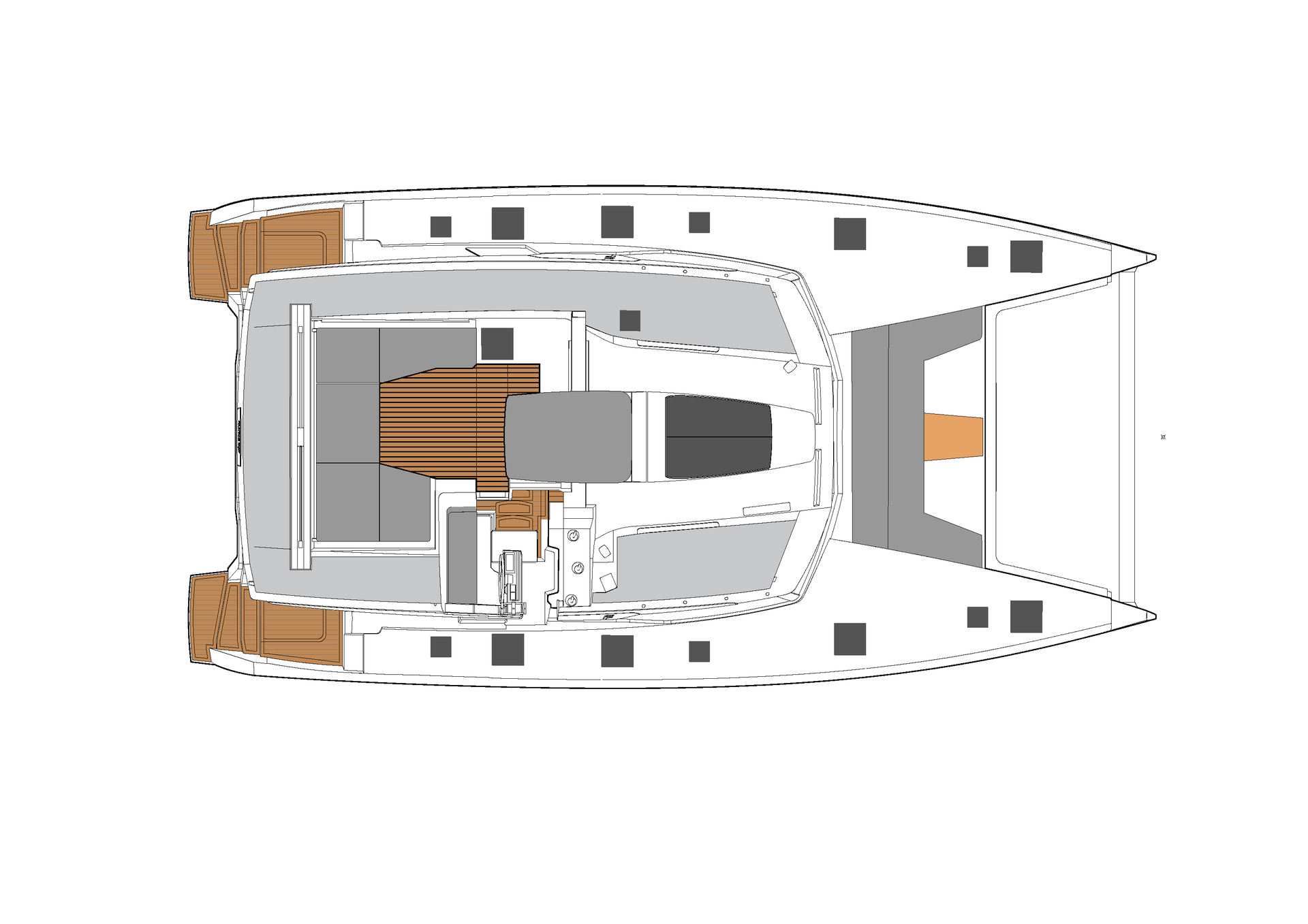 an aerial view of a catamaran with a wooden deck