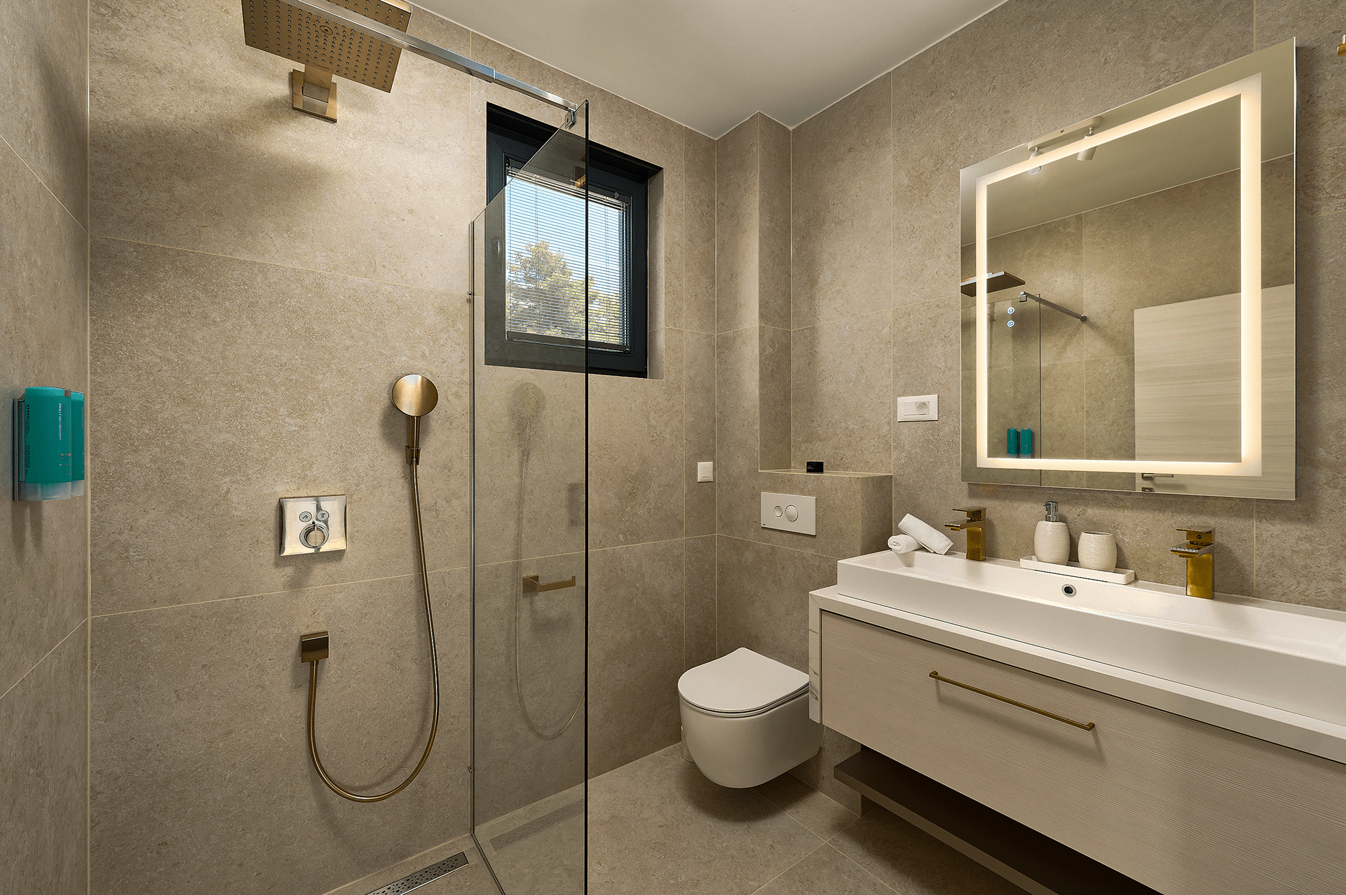 a bathroom with a walk in shower , toilet , sink and mirror