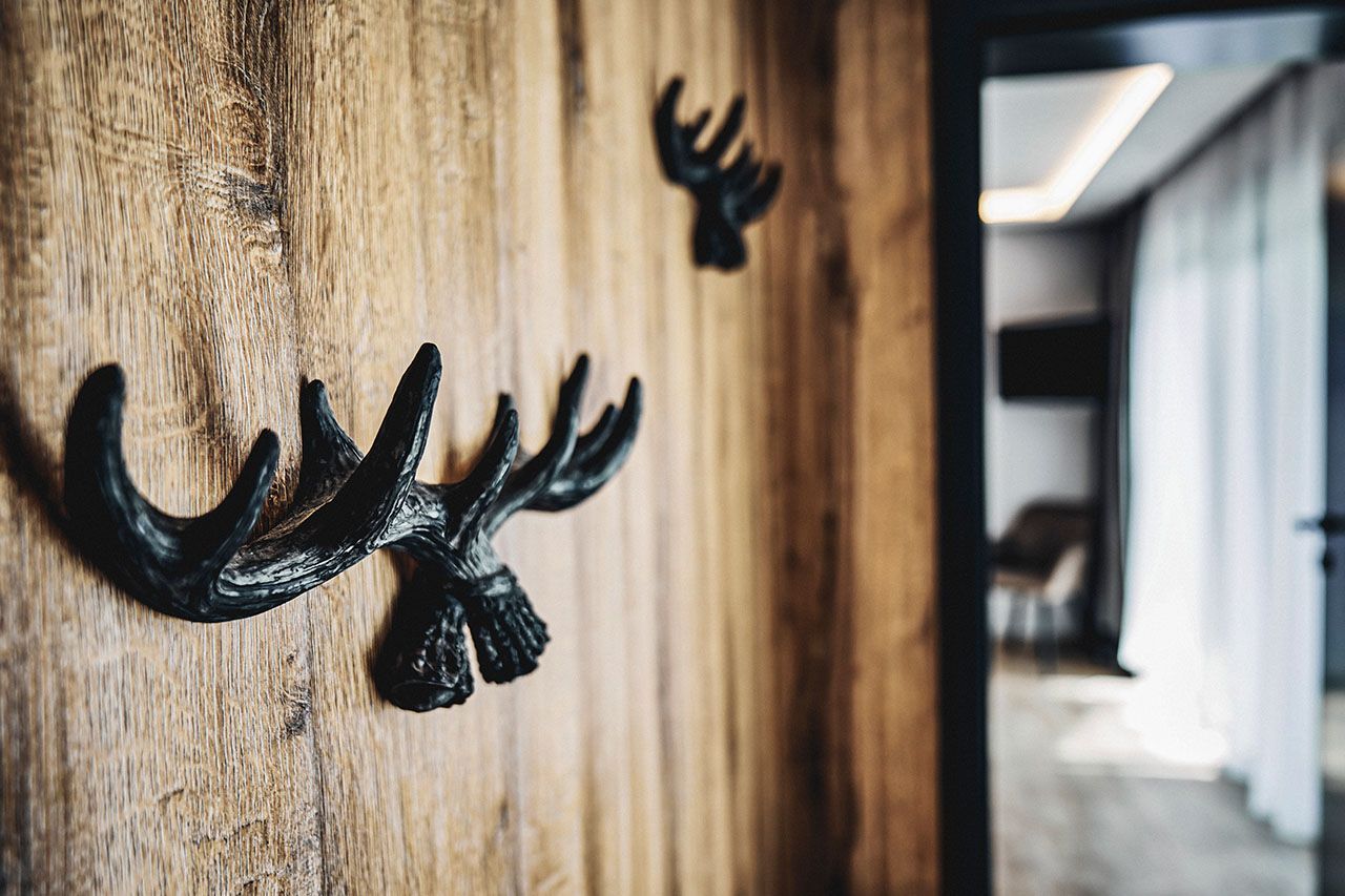 three deer antlers are hanging on a wooden wall