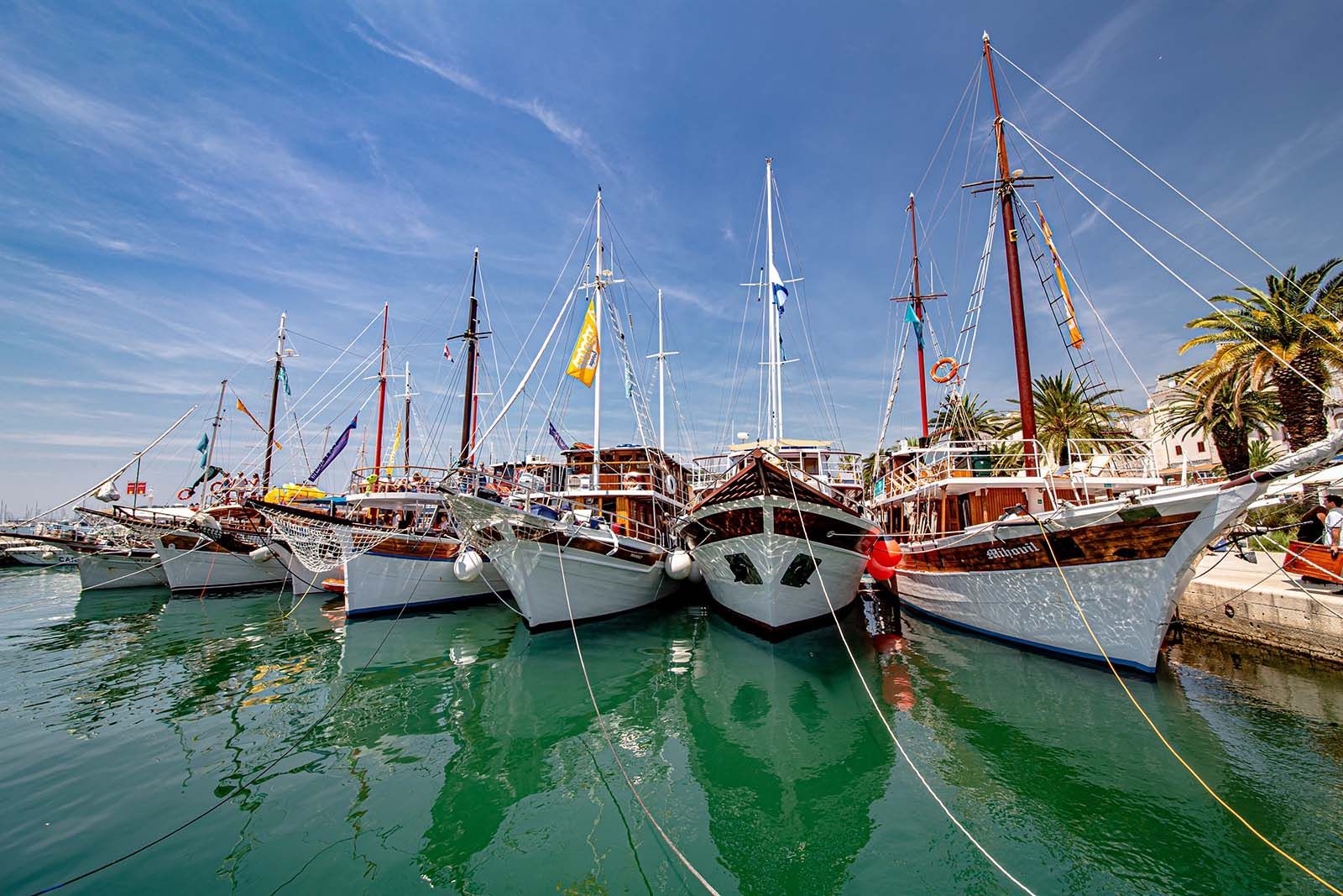 a row of sailboats are docked in a harbor