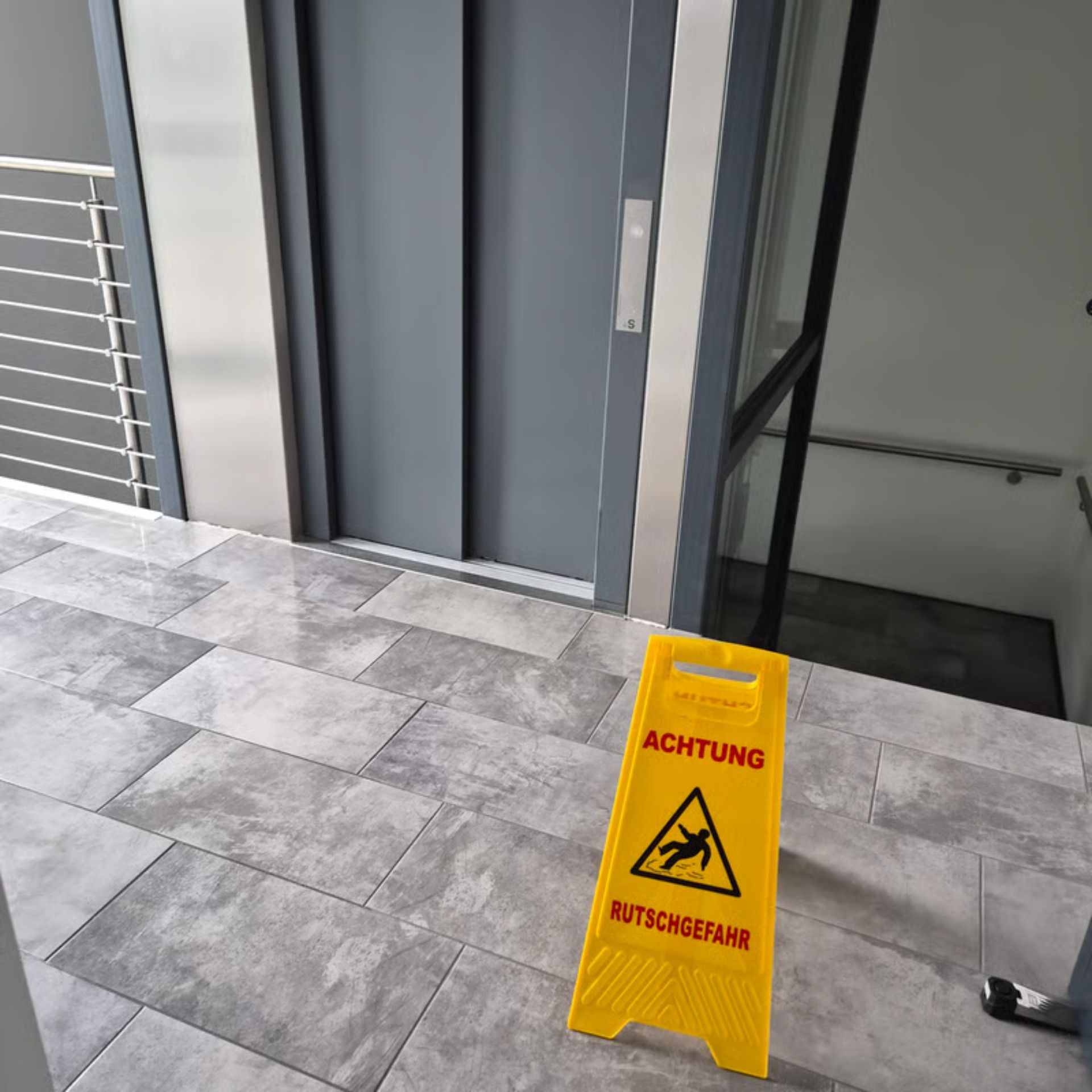 Gelbes Schild „Vorsicht Rutschgefahr“ vor den Aufzugstüren, grau gefliester Boden.