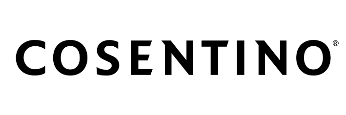 Un logotipo en blanco y negro para Cosentino sobre un fondo blanco.