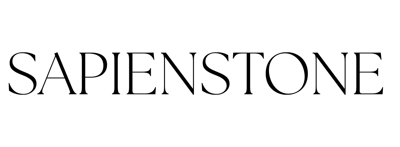 Un logotipo en blanco y negro para Sapienstone sobre un fondo blanco.