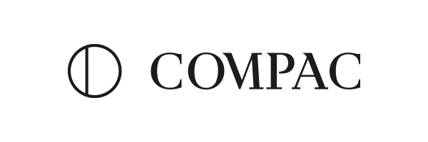 Un logotipo en blanco y negro para compac sobre un fondo blanco.