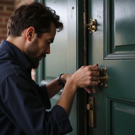 Hombre con camisa azul, abriendo una puerta verde con herrajes de latón.