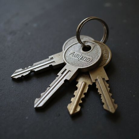 Llaves en un llavero; cuatro llaves metálicas sobre una superficie oscura.
