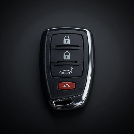Mando a distancia para coche con botones de bloqueo, desbloqueo, pánico y apertura del maletero sobre fondo negro.