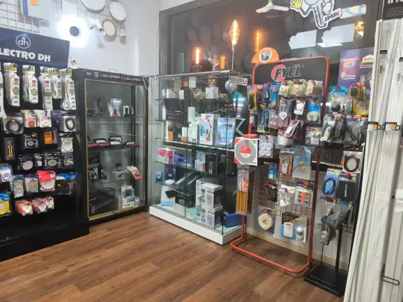 Dentro de una tienda minorista, se exhiben piezas eléctricas, bombillas y herramientas.
