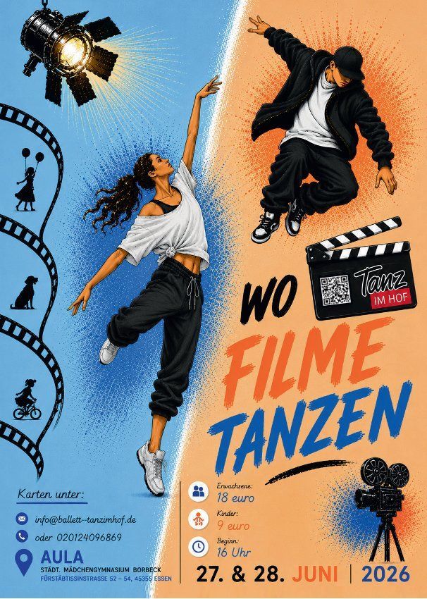 Filmtanzplakat mit zwei Tänzern, Filmklappe und dem Text „WO FILME TANZEN“ auf orange-blauem Hintergrund