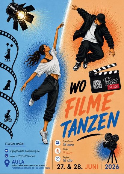 Filmtanzplakat mit zwei Tänzern, Filmklappe und dem Text „WO FILME TANZEN“ auf orange-blauem Hintergrund