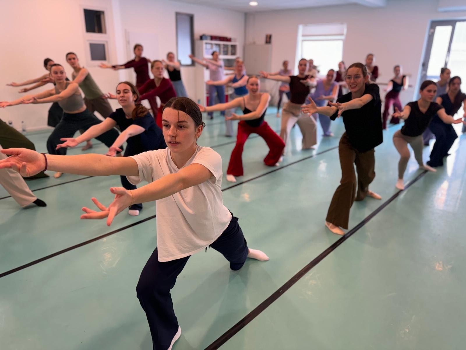 Eine Gruppe von Menschen tanzt in einem Tanzstudio.