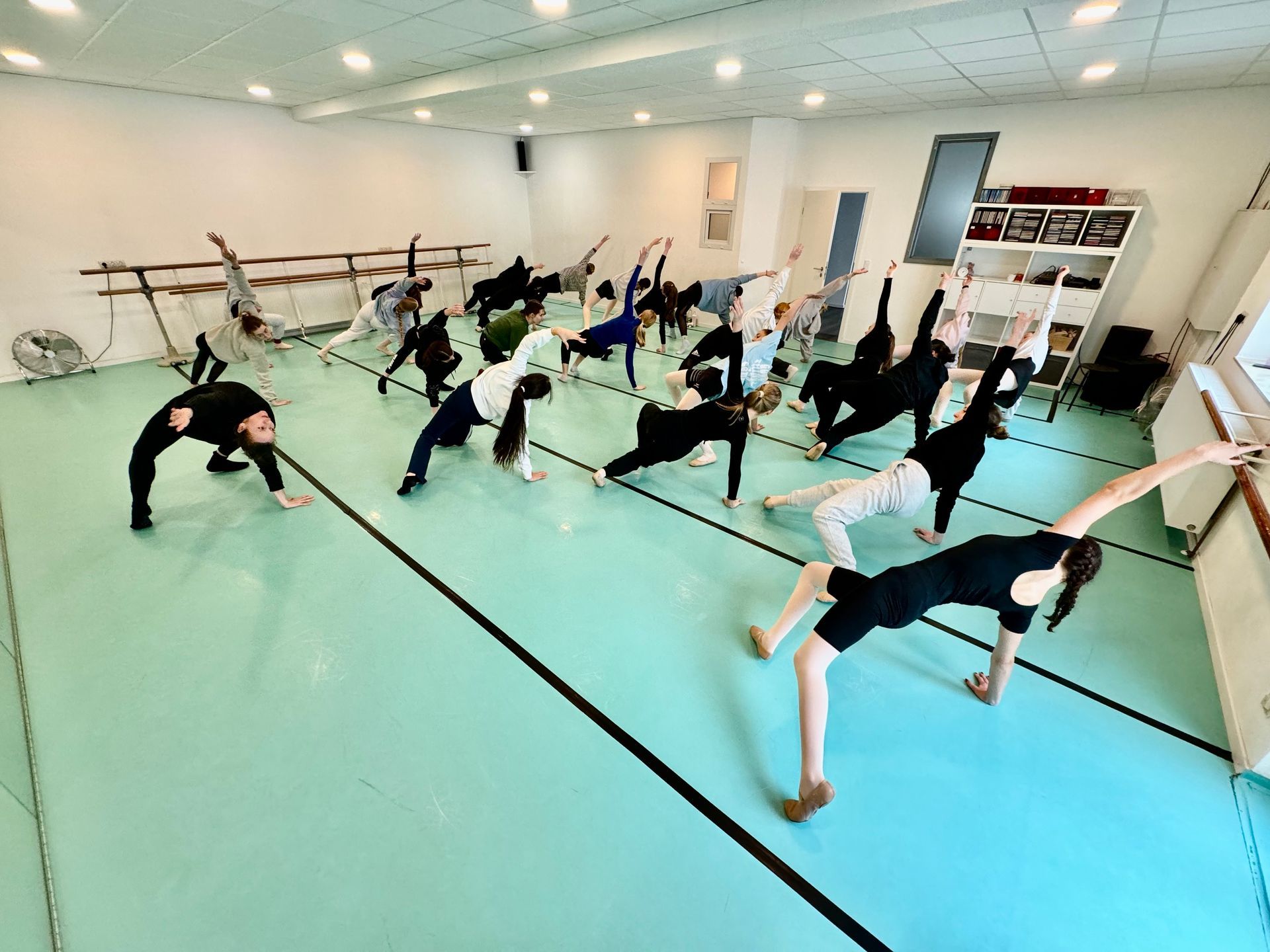 Eine Gruppe von Leuten macht Yoga in einem Tanzstudio.