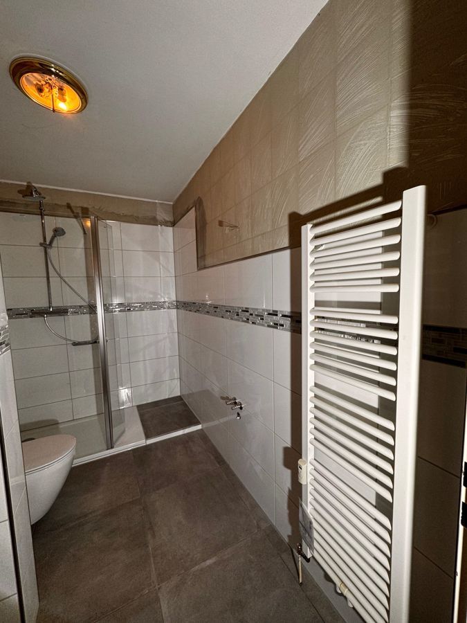 Ein Badezimmer mit Toilette, Dusche und Handtuchhalter.