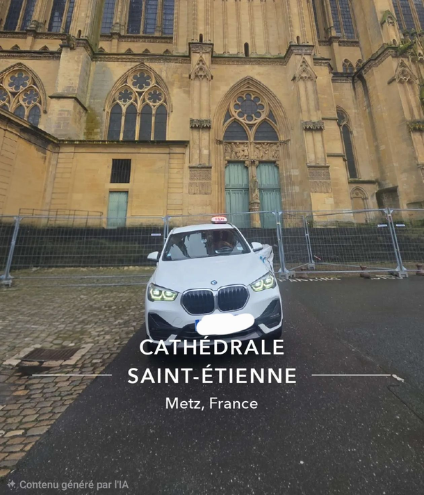 Une BMW garée devant la cathédrale gothique historique Saint-Étienne à Metz, en France.
