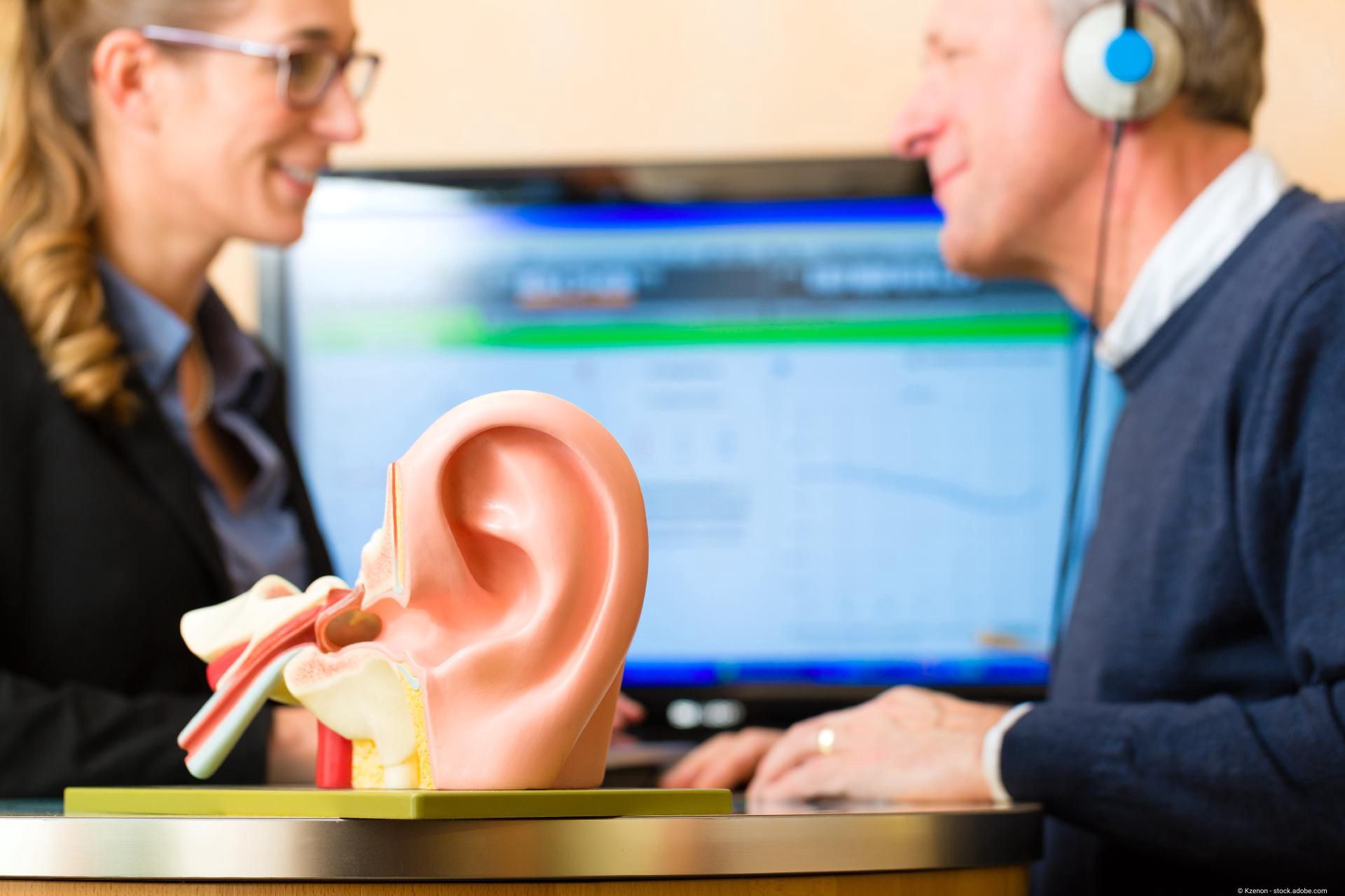 Eine Expertin berät einen älteren Mann in einer Praxis vor einem anatomischen Modell des menschlichen Ohres.
