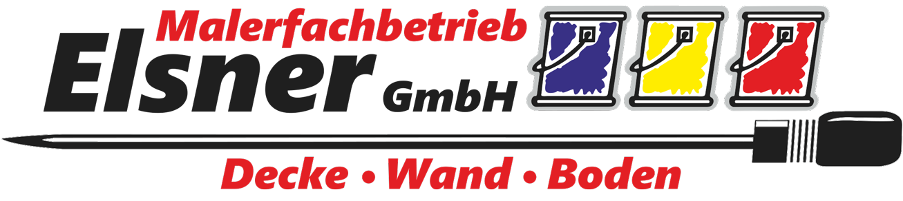 Logo der Malerfirma „Elsner“. Der Text enthält die Aufschriften „Malerfachbetrieb“ und „Decke • Wand • Boden“. Abgebildet sind Farbdosen und ein Pinsel.