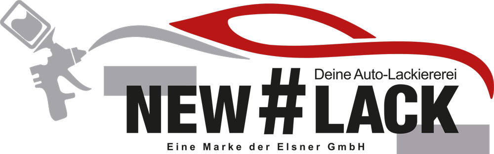 Logo für New #Lack: Autolackiererei. Enthält eine Lackierpistole, rote und graue Formen sowie Text.