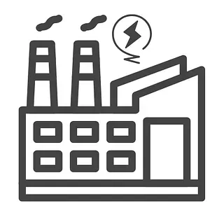 Fábrica con dos chimeneas que emiten humo. El símbolo de un rayo indica producción de electricidad.