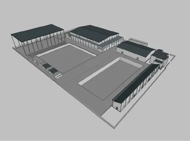 Una vista aérea muestra una gran instalación gris con varios edificios rectangulares y dos piscinas.