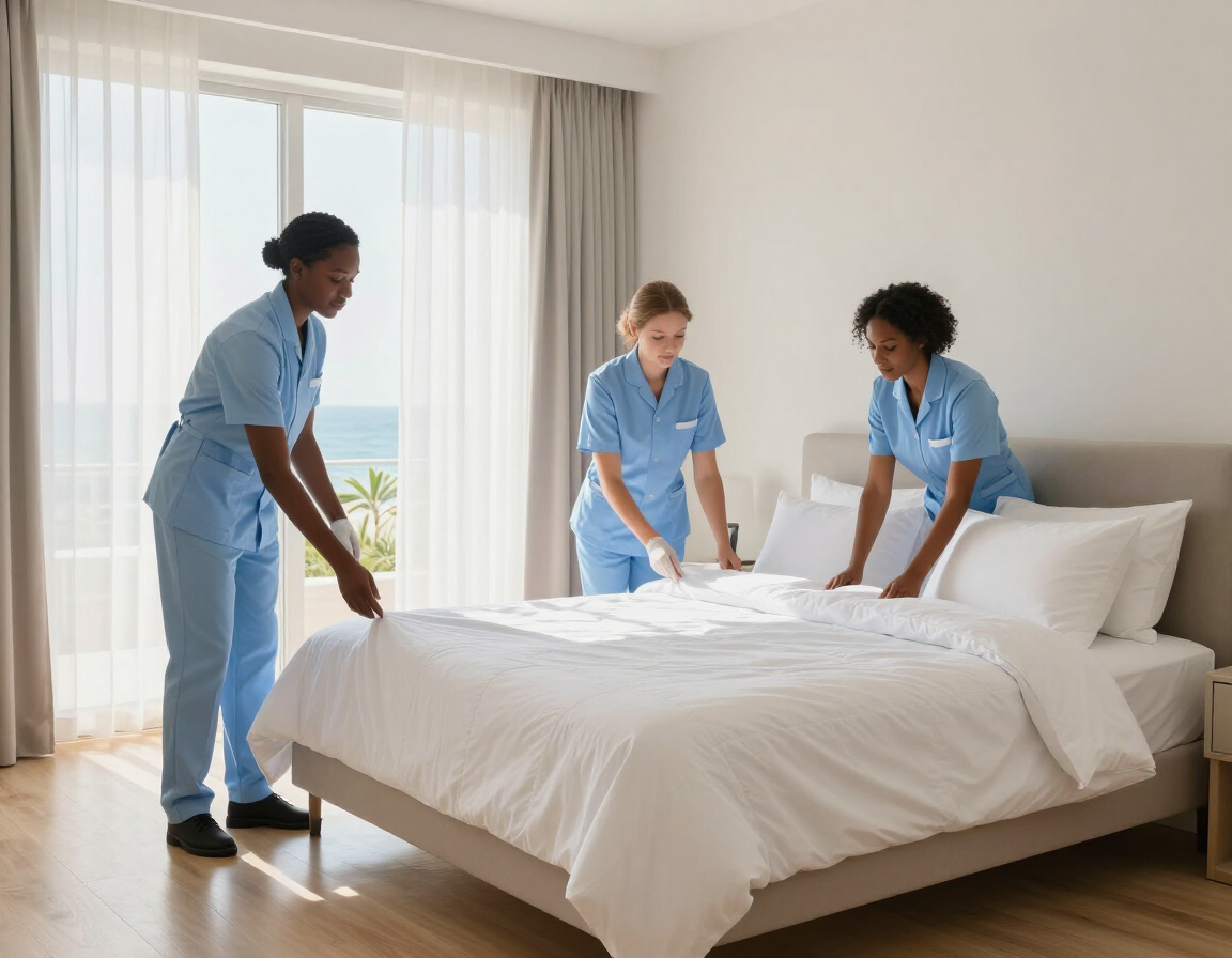 Housekeeping team preparing a luxury vacation rental bedroom
