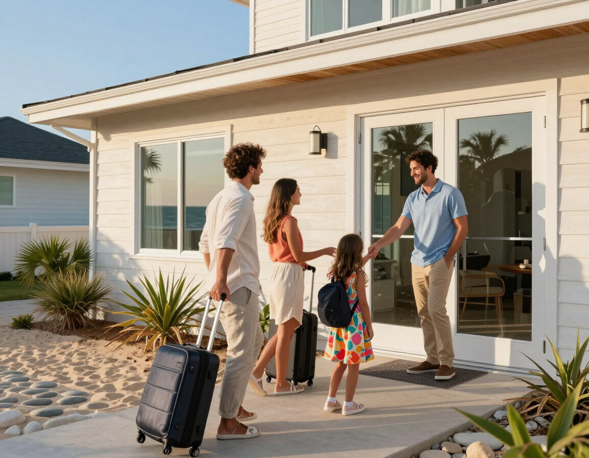 Happy guests arriving at an Ocean City vacation rental