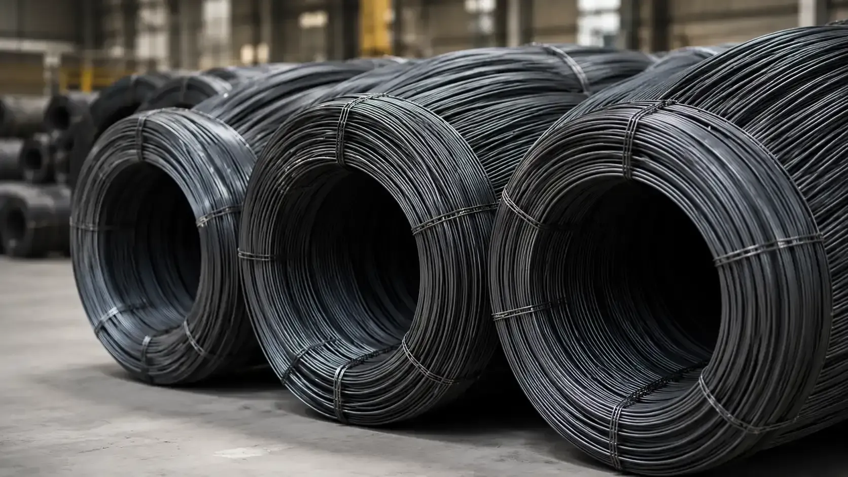 Montones de grandes bobinas de alambre de acero negro yacen sobre un suelo de hormigón en un entorno industrial.